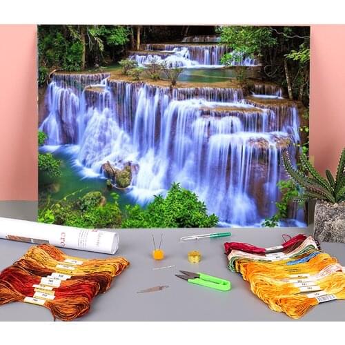 Waterfall Landscape Printed Fabric 11CT Cross-Stitch DIY Embroidery Kit DMC Threads Knitting Painting Craft Sewing Wholesale