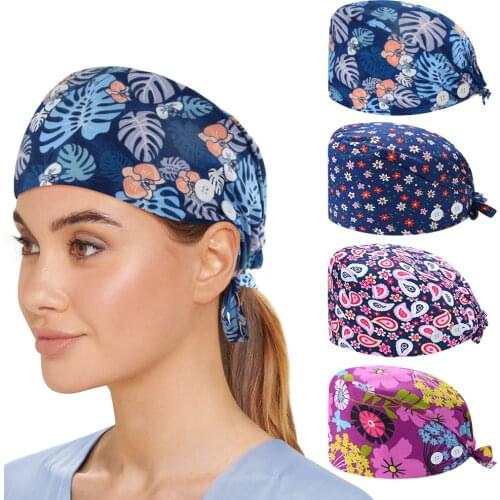 New Cartoon Nurse Hat Working Caps Bouffant Sanitary Hats for Woman with Sweatband Button Nursing Hair Floral Soft Scrub Cap