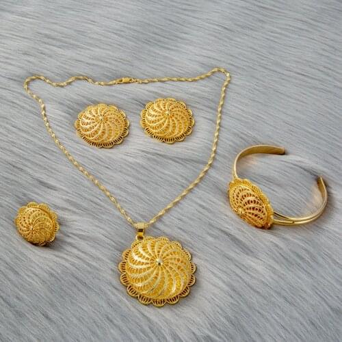 New 4pcs/lot Ethiopian Jewelry Sets for Women Dubai Gold Pendant Chain Earings Ring HairPin Eritrea Africa Habesha Wedding Gifts
