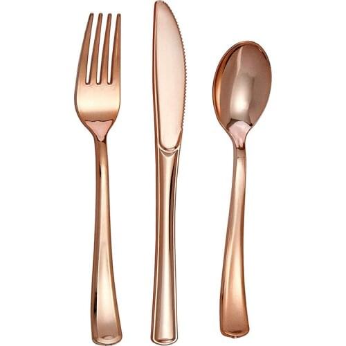 75pcs Disposable Cutlery Rose Gold Plastic Dinnerware Golden 25 Fork 25 Knives 25 Spoons Birthday Wedding Xmas Party Supply