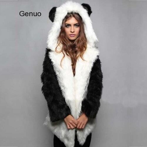 Winter Long Thick Warm Fur Coat Women Cute Animal Ear Hooded Faux Fur Coats Black Lady Elegant Overcoat