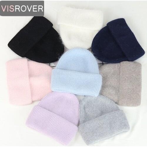 VISROVER 8 Colorways Winter Beanies Solid Color Rabbit Fur Autumn Bonnet Acrylic Woman Soft Warm Skullies Female Cap Wholesale
