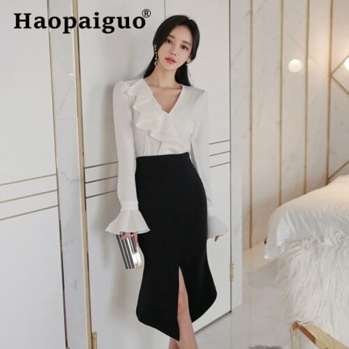 Modis Streetwear Fall Clothes for Women Flare Sleeve White Blouse and Sheath Split Bodycon Black Skirt Women Office Work Suit