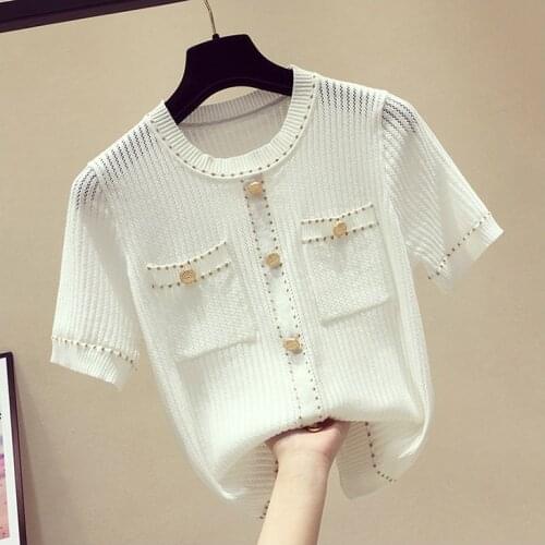 Women Short Sleeve Pocket Button Knitted Tshirt Tops Female Girls Hollow Out Knit Sweater T shirt