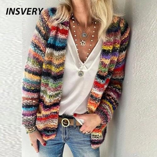Knitted Cardigan Sweater Women Coat 2021 Colorful Striped Print Cardigan Female Jumpers Casual Sweaters For Women Tops