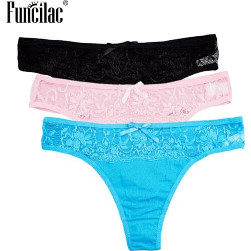 FUNCILAC Underwear Women Sexy Lace Transparent Thongs G-Strings Cotton Briefs Pink Panties Lingerie Porno Free Shipping 3pcs
