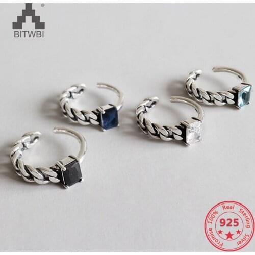 925 Sterling Silver Vintage Inlaid Zircon Crystal Retro Chain Square Agate Open Ring Designer Jewelry for Women