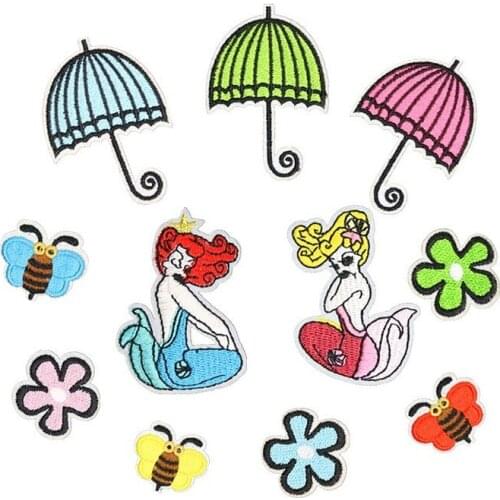 50pcs/lot Small Embroidery Patches Clothing Decoration Accessories Mermaid Umbrella Bee Flower Diy Iron Heat Transfer Applique