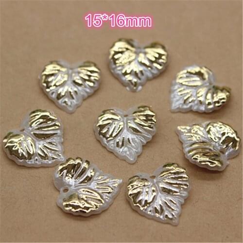 100pcs 15*16mm Resin ABS Ivory Golden Plated Leaf Imtation Pearl Flatback Cabochon DIY Jewelry Craft Scrapbooking