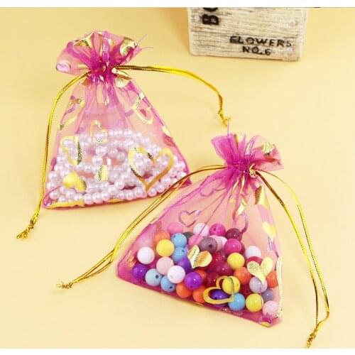 100pcs 7x9cm Drawable Organza Bags Heart Fuchsia Pink color Wedding Christmas Gift Bag Jewelry Packaging Bags Pouches