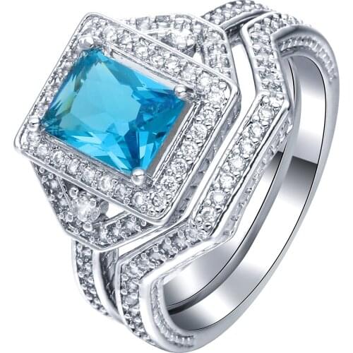 2017 Fashion promise Ring 2pc romantic love jewelry drop shipping princess blue Cubic Zircon finger Engagement Ring Sets