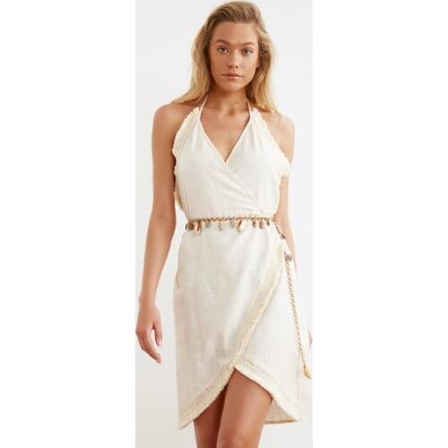 Beige Tassel Detail Wrapped Rustic Beach Dress 2021 New Season Summer Fahion Trend Ladies Bikini Cover-ups Female Tops Clothes