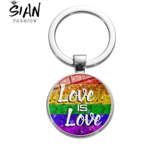 SIAN Rainbow Flag Love Is Love Statement Keychain Lesbian Gay Pride Peace Flag Car Key Chain Silver Plated Metal Charms Key Ring