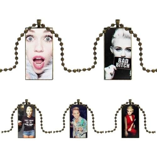 For Women High Quality Girls Bad Bitch Miley Cyrus Design Fashion Vintage Glass Women Rectangle Necklace Pendants