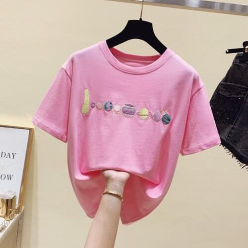 Europe Style Short Sleeves planet embroidery T Shirt Hot Sales Female Tshirt Loose Women Fashion Graphic T-Shirt tops