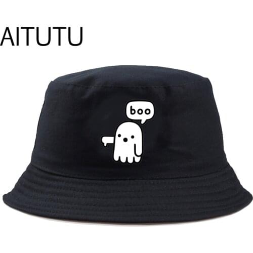 Black yellow cute cartoon Bucket Hat Unisex Bob Caps Gorros Men women Summer ghost Panama Cap Beach Sun Fishing boonie Hats