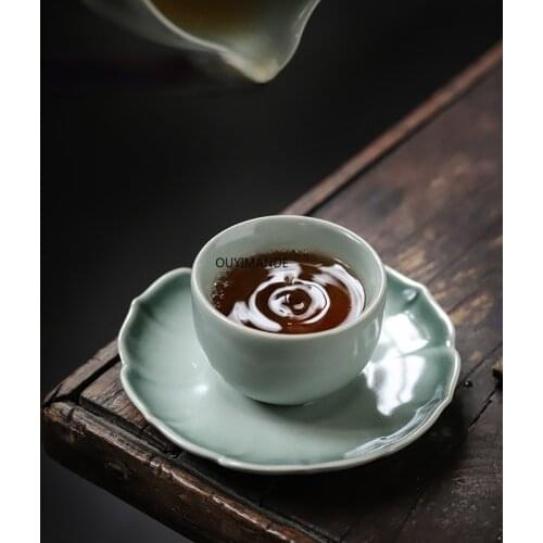 35ml Chinese Style Cyan Glaze Ceramic Small Coffee Cup Saucer Set Teacup Set Drinking Utensils China Porcelain