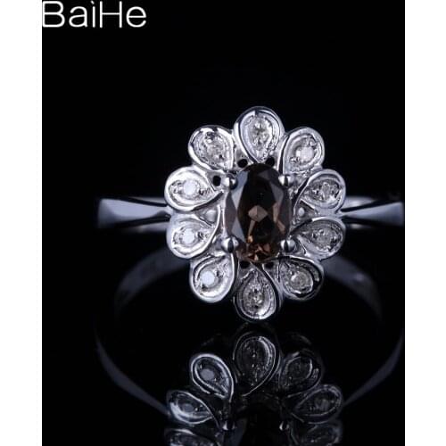 BAIHE Solid 10K White Gold 0.416ct Oval Smokey Quartz Flawless Wedding Gift Women Trendy Fine Jewelry Smokey Quartz Ring