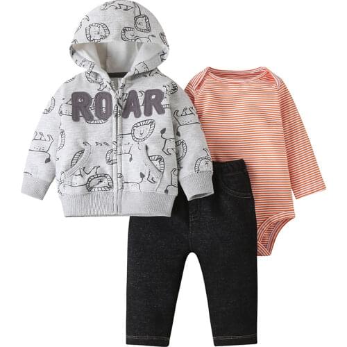 Baby Boy Clothes Set long sleeve letter+cartoon animal print hoodies+stripe romper+pant 2021 Baby Girl Outfit 6-24M