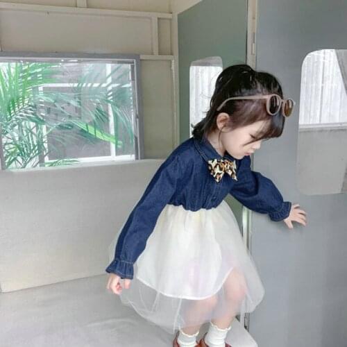 Korean Girls Fall Dresses 2019 Fashion Little Girl Long Sleeve Leopard Bow Cowboy Mesh Princess Dress For 2-7Yrs Toddler Clothes