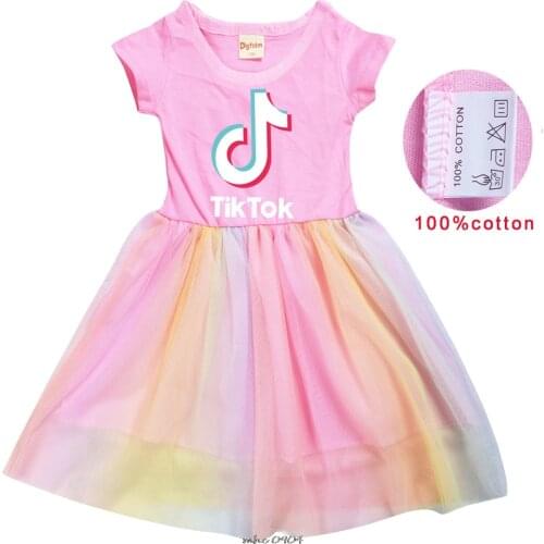 Tik Tok Kids Cartoon Dress Baby Girls Printed Lace Dresses Baby Girl Princess Dress Costume Summer short-sleeved dress