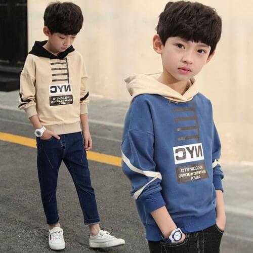 New Spring And Autumn Cotton Tops Boys Long-Sleeved Childrens Hooded Sweater Bottoming Shirt Tde Suitable For 3-13 Years