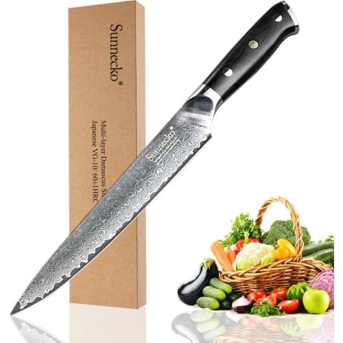 SUNNECKO Premium 8" Damascus Slicing Knife Japanese VG10 Steel Sharp Blade Kitchen Knives G10 Handle Meat Sashimi Cutter Knife