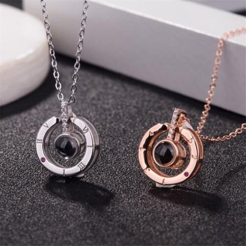 New Projection 100 Languages I Love You Charm Rose Gold Round Pendant Necklace For Women Girls Choker Lover Gifts DropShipping