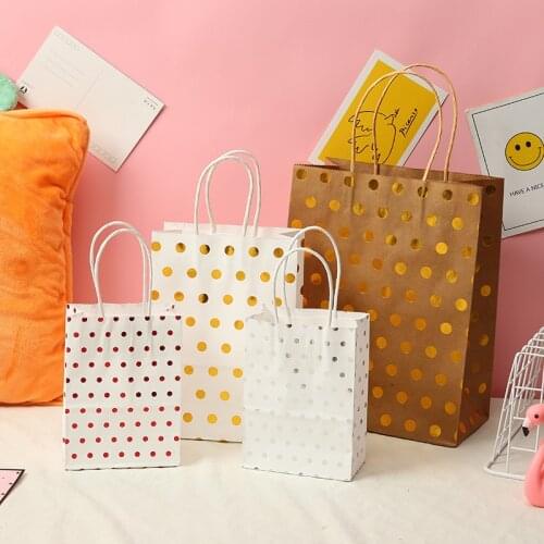 Gold Red Dot Print Kraft Paper Gift Bag With Handles 12pcs/lot White Paper Girls Birthday Party Decor Candy Simplicity Pouches
