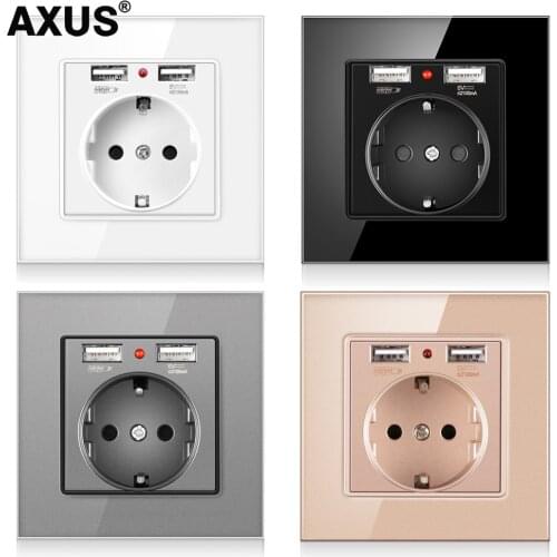 AXUS Wall dual USB power socket AC 110-250V 16A 86mm*86mm plug grounding EU Standard PC Panel smart bedroom socket LED on/off