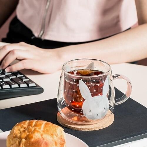 Ins Popular Double Layer Glass Cup Cute Cartoon Animals Rabbit Cat Panda Goose Printed 320ML Office Home Use Tea Milk Drinkware