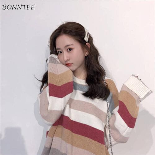 Sweaters Women Sweet Soft Vintage Korean Striped Classic Ladies Sweater O-neck Autumn All-match Trendy Woman Pullovers Popular