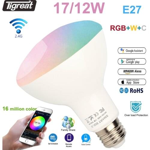 Tigreat Smart Bulb WiFi LED Lamp Light 12/17W RGB+W+C E27 Timer Voice Remote Control Tuya Smart Home App Alexa ifttt Dimmable