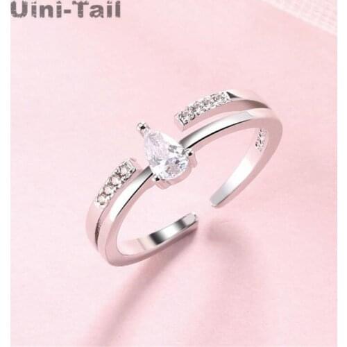 Uini-Tail hot new 925 sterling silver water droplets micro-insert opening ring fashion tide flow adjustable double ring ED439