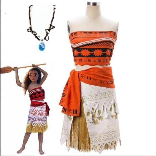 VOOCIEC Kids Adult Princess Moana Costume Children Fancy Dress Cosplay Party Girl Costume with necklace free