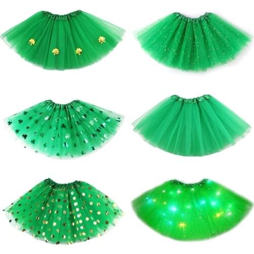 Ireland Saint Patricks Day Green Tutu Skirt Shamrock Clover Sequins Mesh Tulle Petticoat Fancy Dress Up Carnival Parade C6UD