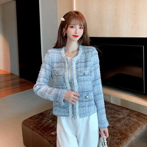 Fall Winter Blue Elegant Wool Woven Tweed Jacket French Style Ladies High Quality Temperament Single Breasted Long Sleeve Coat