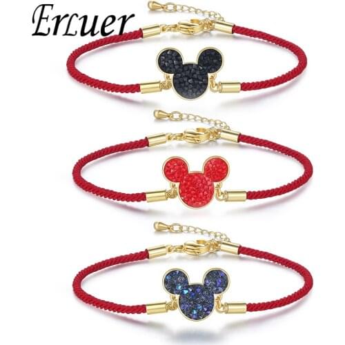 ERLUER Korean Fashion Mickey Love Bracelets For Women Snap Rock Red Zircon Chain Bangles Copper Wedding Jewelry Gift Accessories