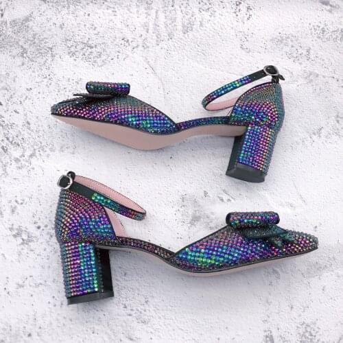 CHS1304 Custom Handmade Dress Pumps Women Party Shoes Block Heel Multicolor Green Purple Crystal Bridal Wedding Shoes
