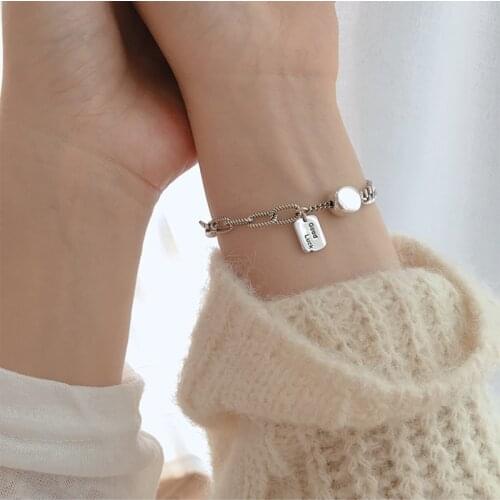 Vintage 925 Sterling Silver Square Brand Letter LUCK Thai Silver Fashion Lock Chian Bracelet For Women S-B335