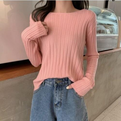 Slash Neck Pullovers Solid Flare Sleeve 2021 Autumn Winter All Match Women Sweaters Slim New Pull Femme Fashion Soft Tops Pink