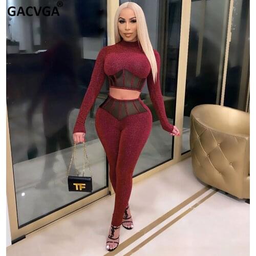 GACVGA Mesh Patchwork Sexy Two Piece Set Autumn Spring Crop Top and Skinny Pants Suits Women Streetwear Outfits