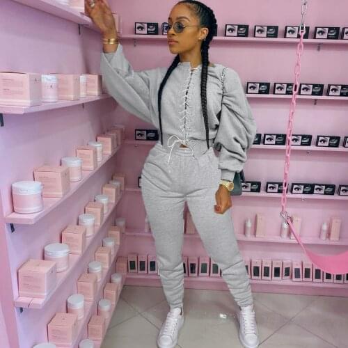 Autumn Women Running Sets Female Two Pieces Sportswear Lace-Up Front Elastic Waist Sweatshirt Joggers Sweatpants Casual Outfits