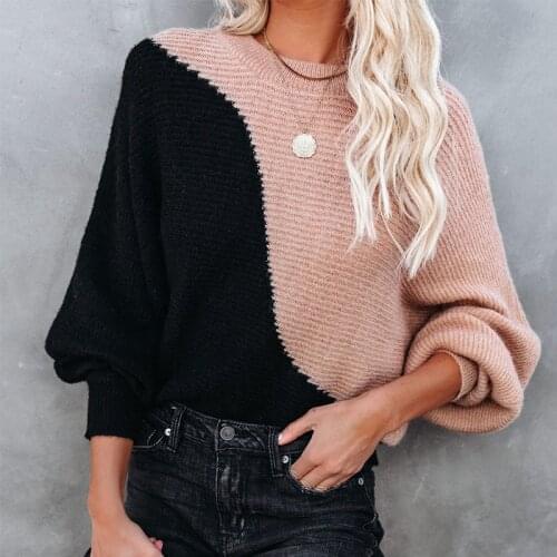 2021 Autumn and Winter New Womens Fashion Street Stitching Loose Knit Sweater Large Size Casual Round Neck Pullover Long Sleeve
