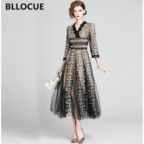 BLLOCUE Runway Designer Flower Embroidery Mesh Dress 2020 New Womens Sexy V neck Long-sleeved lace Splice Tulle Polka-Dot Dress