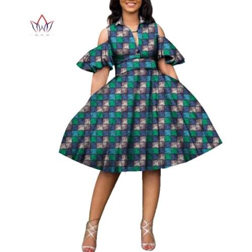 New 100% Cotton African Print Dresses for Women Bazin Riche Women V-neck Knee Length Tutu Dress African Style Clothing WY2752