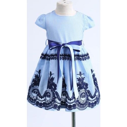 Top Fashion Flower Embroidered Girls Summer Dress 2021 Kids Striped Belt Bow Princess Dresses For Girl Bebe Birthday Clothes