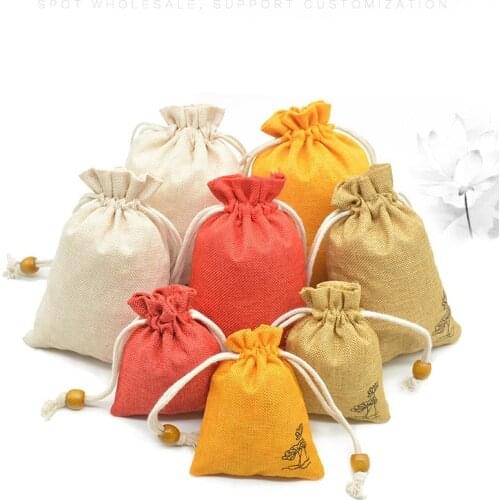 50pcs/lot 8x10cm, 10x14cm, 12x15cm Sackcloth Drawstring Pouches With Flower Jewelry Storage Bag Holiday Gift Package Pocket