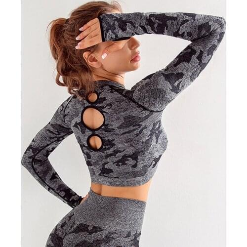 ASHEYWR Women Yoga Longsleeve Shirts Seamless Camouflage Hollow Quick Dry Shark Running Tank Tops Fitness Sport Gym Shirts Girl