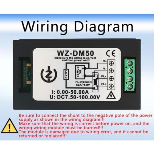 50A DC 7.5-100V Digital LCD Voltmeter Ammeter Wattmeter Power Energy Meter Volt kwh Watt Amp